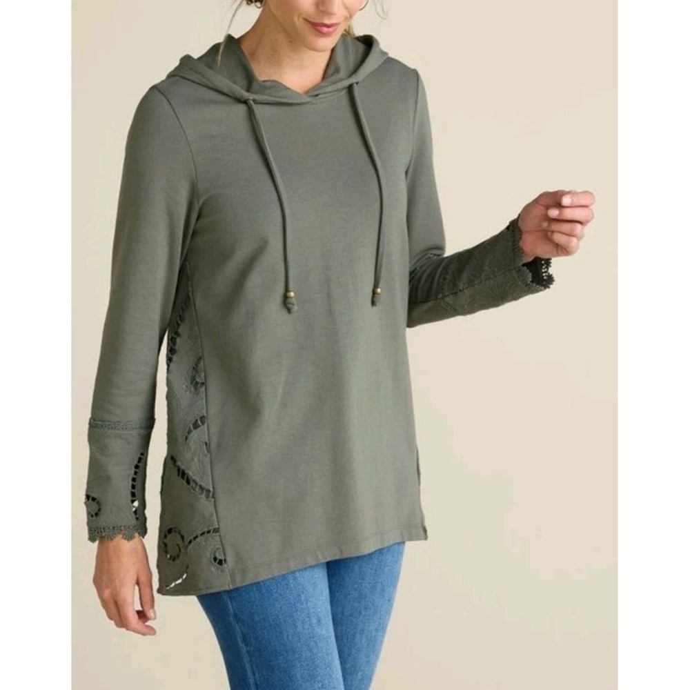 Soft Surroundings Olive Green Hooded Long-Sleeve Lace Trim Top